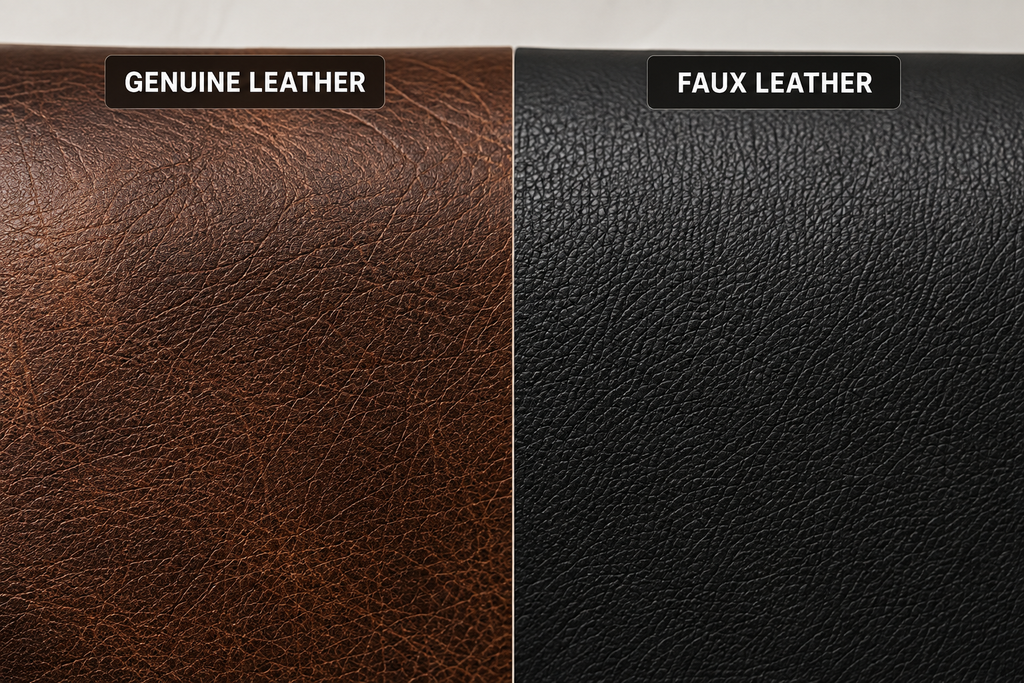 Genuine leather jacket texture beside a faux leather sample