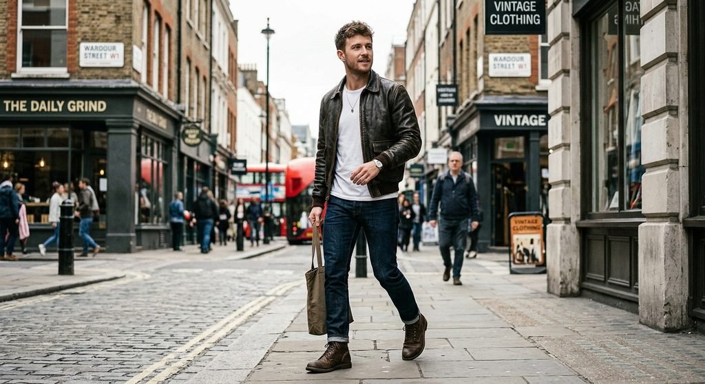 Mens leather bomber jacket styled with denim and boots