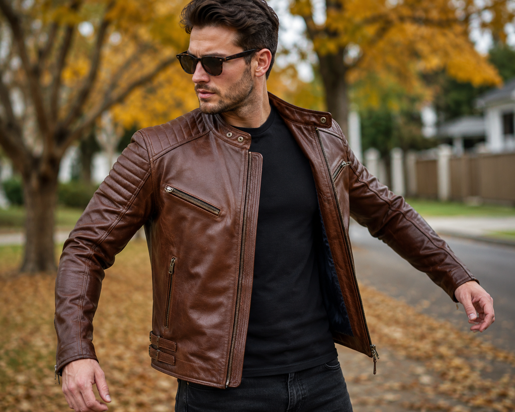 Man wearing a well-fitted biker leather jacket showing correct shoulder and sleeve length in Australia