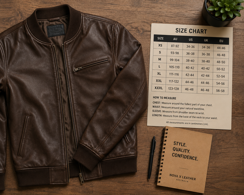 Leather bomber jacket beside an AU US UK EU leather jacket size chart