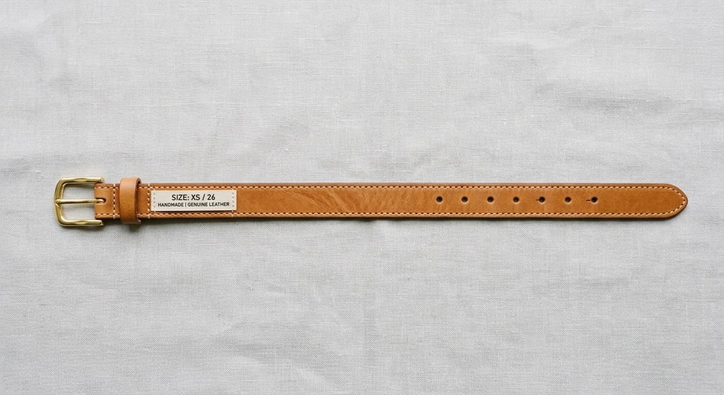 Leather belt for women laid flat showing size markings and buckle length