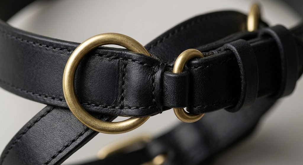 Close-up of a martingale leather dog collar's double-loop tightening mechanism