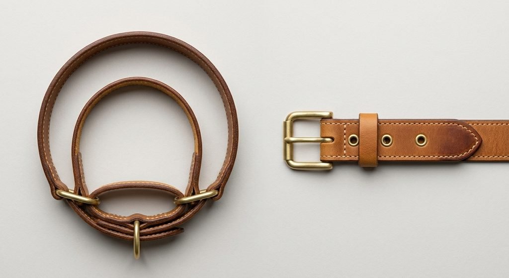 Side-by-side comparison of a martingale leather dog collar and a classic buckle collar