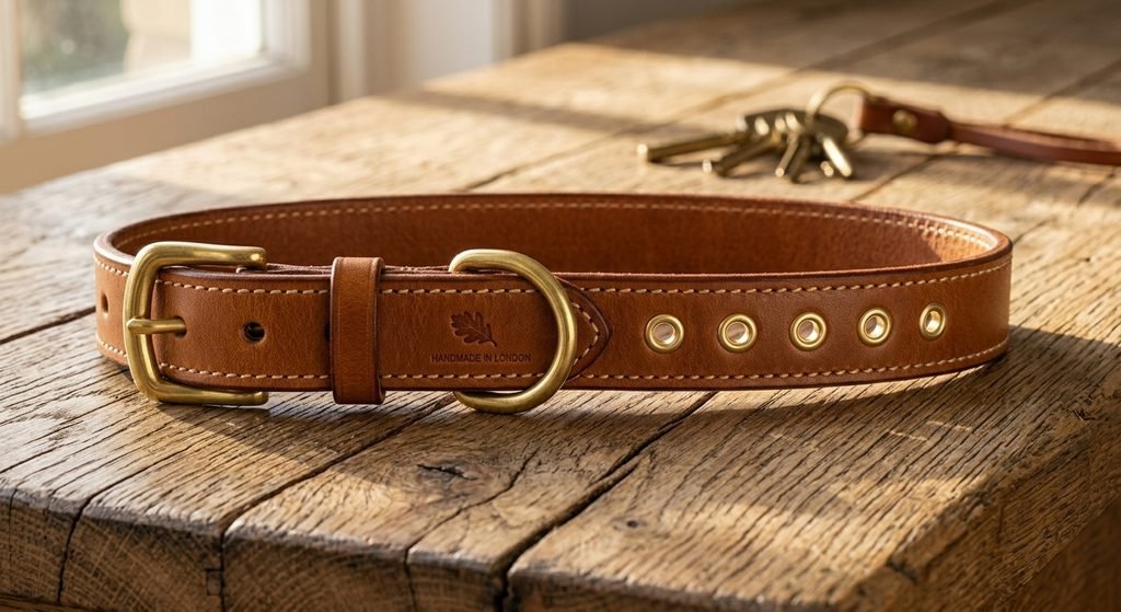 Classic leather dog collar with brass buckle and D-ring on a wooden surface
