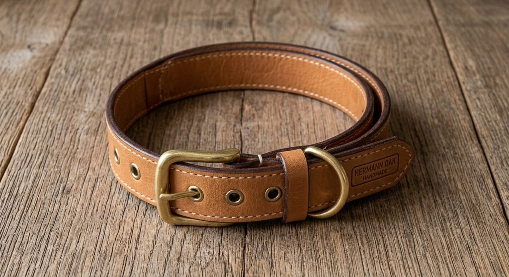 Handmade Hermann Oak leather dog collar with hand-burnished edges and brass buckle