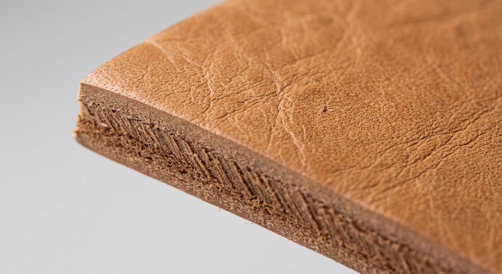 Close-up of dense Hermann Oak leather showing natural grain and rich tan colour