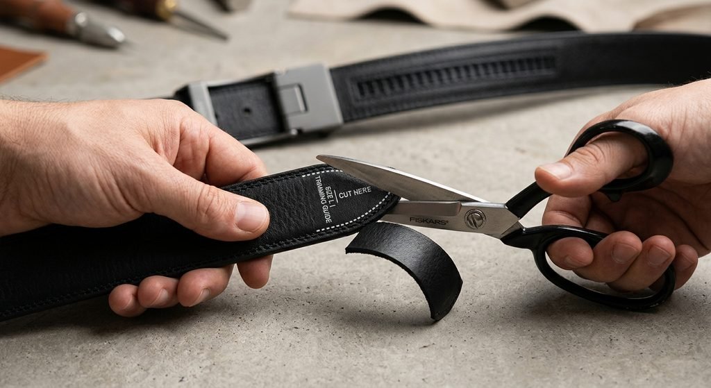 Ratchet leather belt strap being trimmed to size along a marked guideline