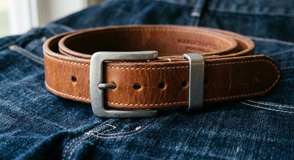 Mens leather belt in brown with silver buckle, Nova X Leather Melbourne
