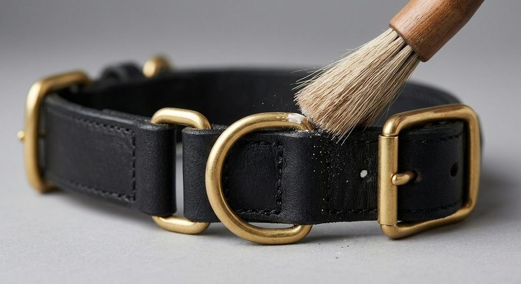 Close-up of a martingale leather dog collar loop being cleaned with a soft brush