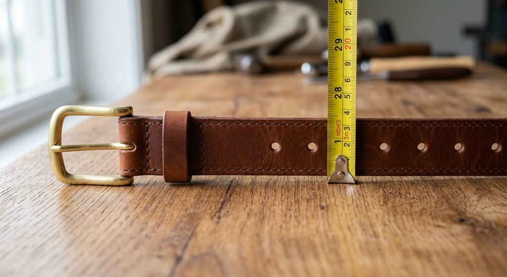 Tape measure being used to measure a mens leather belt for correct sizing