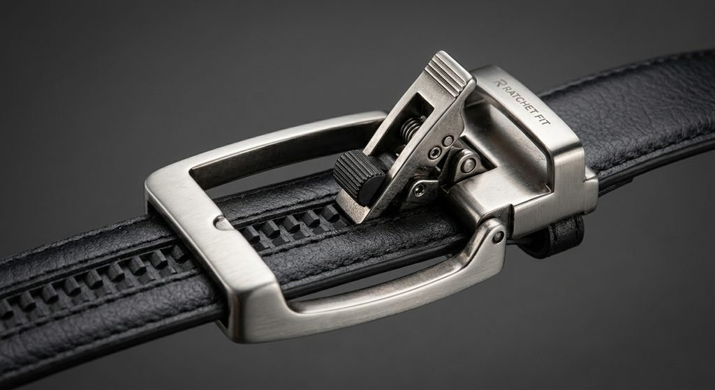 Ratchet leather belt mechanism close-up showing adjustable buckle track