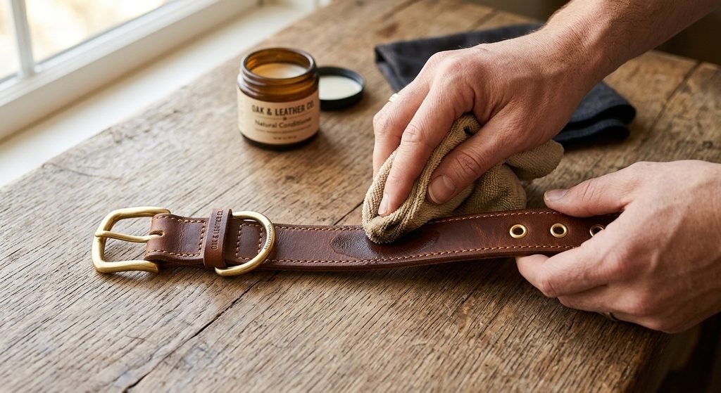 Hand applying leather conditioner to a genuine leather dog collar with a soft cloth