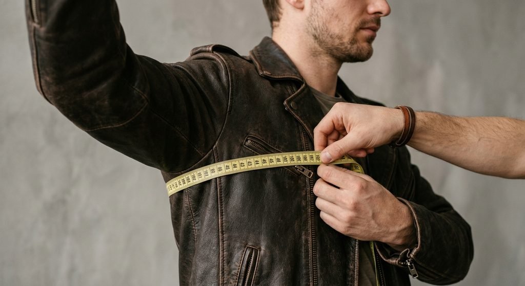 Tape measure across a man's chest showing how to measure for a mens leather jacket