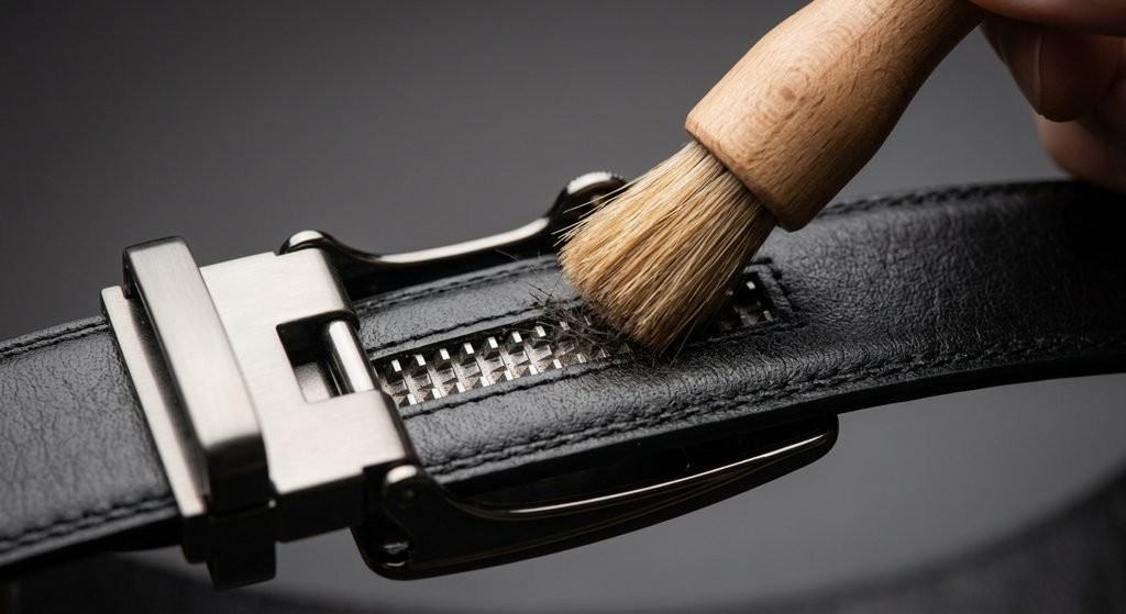 Close-up of a ratchet leather belt groove track being cleaned with a soft brush