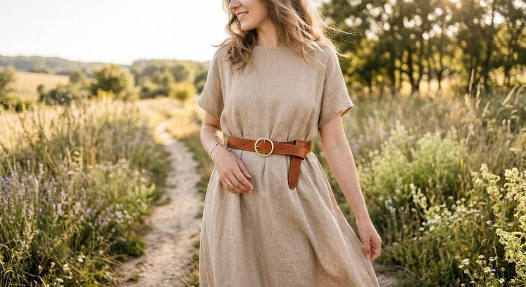 Handmade leather belt for women styled over a dress with a slim buckle