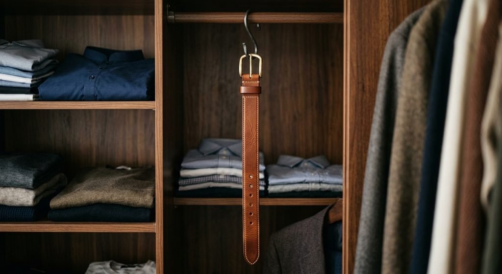 Handmade leather belt hanging neatly to prevent creasing and moisture damage
