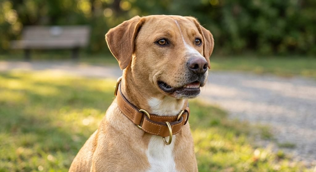 Martingale leather dog collar made from Hermann Oak leather on a dog outdoors