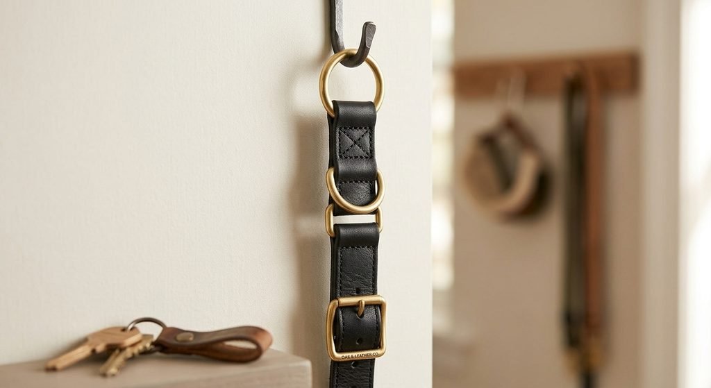Handmade leather dog collar hanging neatly to prevent creasing and moisture damage