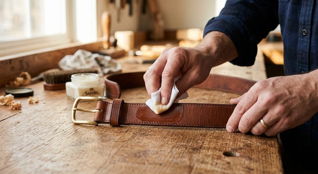 Hand applying leather conditioner to a genuine mens leather belt with a soft cloth